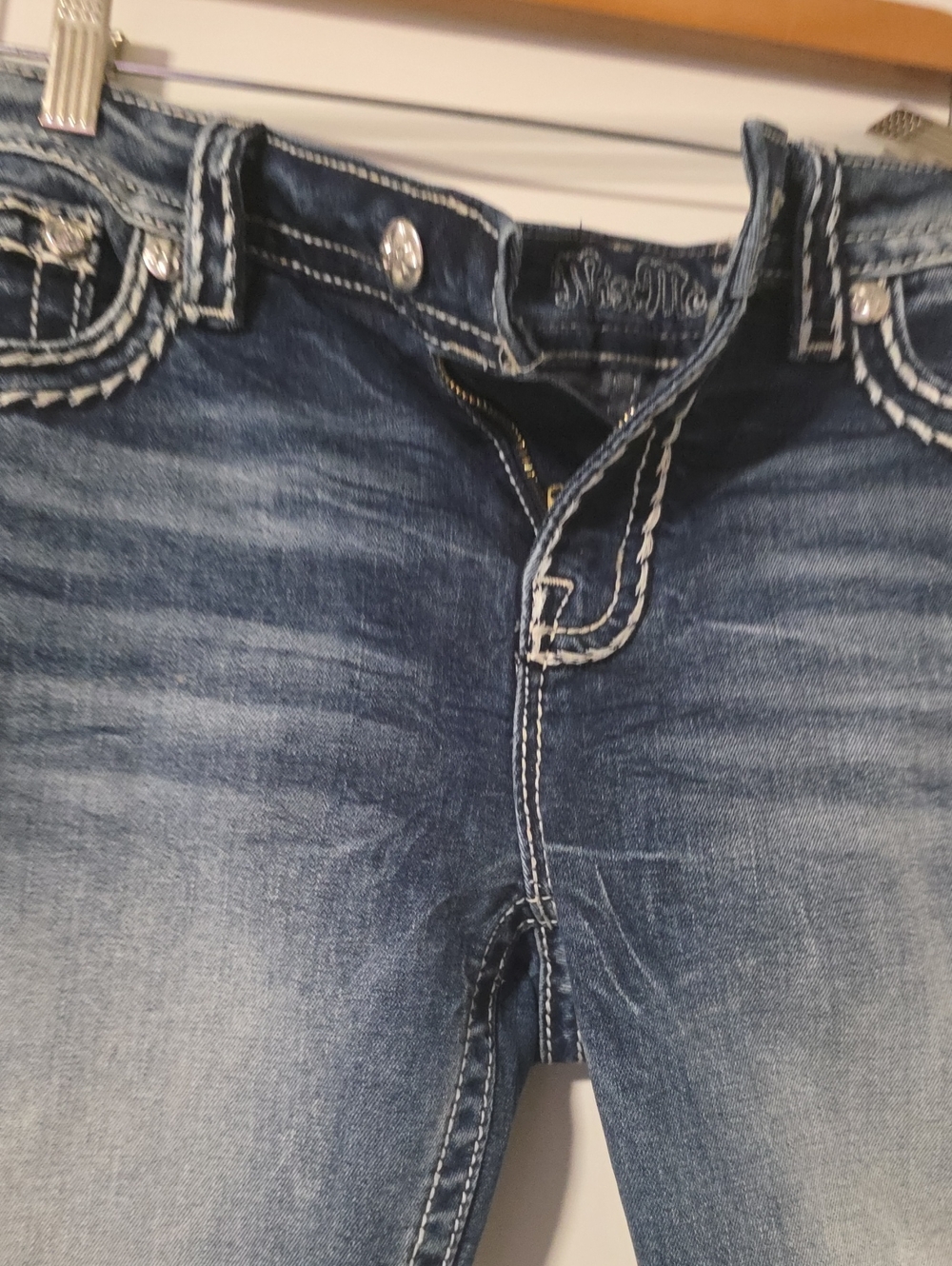 Miss Me Blue Skinny Jeans with White Contrast Stitching